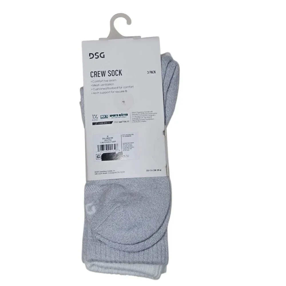 DSG Crew Socks 3 Pack Unisex M Womens Size 5-10 Mens 4-8 Lavender White‎ Gray